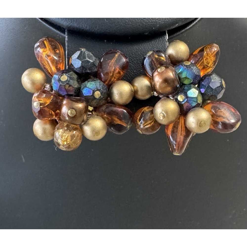 Vintage W Germany Amber‎ Glass Beaded Cluster Clip On Earrings Mid Century